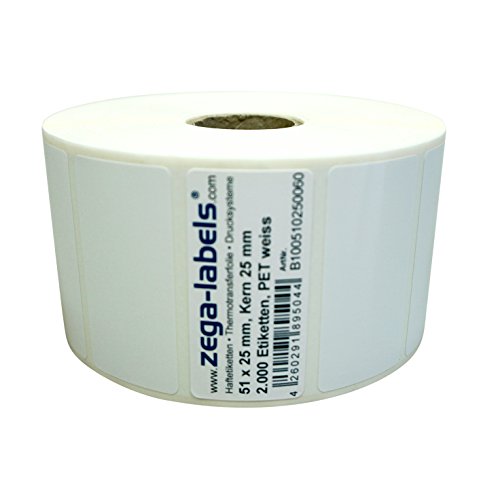 Polyester Thermotransfer Etiketten auf Rolle 51 x 25 mm aus PET Polyesterfolie weiss stark haftend für Typenschilder - 2.000 Stück je Rolle - Kern: 25 mm -Druckverfahren: Thermotransfer (mit Farbband) von zega-labels