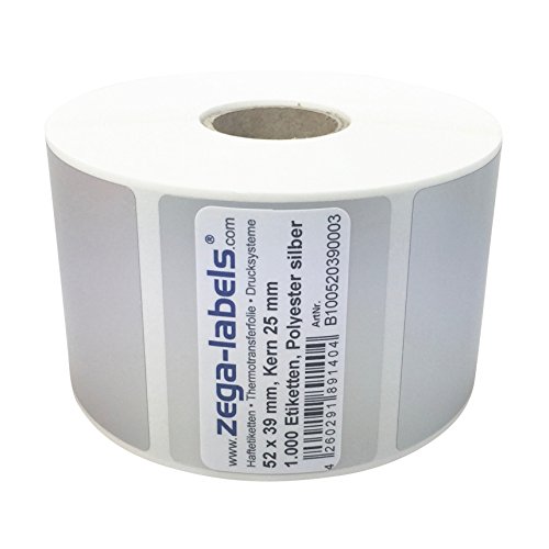 Polyester Thermotransfer Etiketten auf Rolle - 52 x 39 mm - aus PET Polyesterfolie silber für Typenschilder - 1.000 Stück je Rolle - Kern: 25 mm - aussen gewickelt - stark haftend - Druckverfahren: Thermotransfer (Drucken mit Farbband) von zega-labels