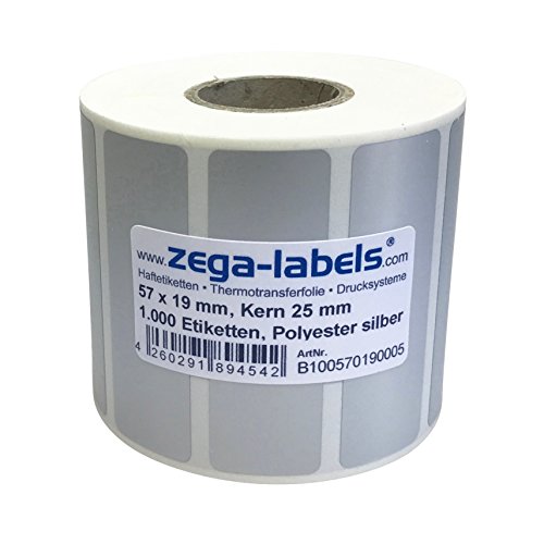 Polyester Thermotransfer Etiketten auf Rolle 57 x 19 mm aus PET Polyesterfolie silber stark haftend für Typenschilder - 1.000 Stück je Rolle - Kern: 25 mm Druckverfahren: Thermotransfer (mit Farbband) von zega-labels