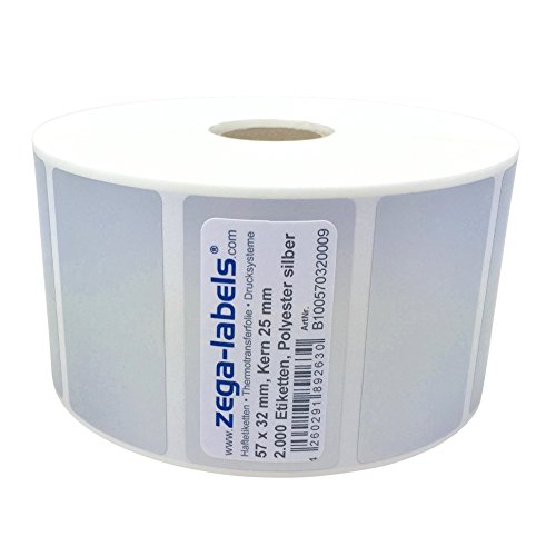 Polyester Thermotransfer Etiketten auf Rolle - 57 x 32 mm - aus PET Polyesterfolie silber für Typenschilder - 2.000 Stück je Rolle - Kern: 25 mm - aussen gewickelt - stark haftend - Druckverfahren: Thermotransfer (Drucken mit Farbband) von zega-labels