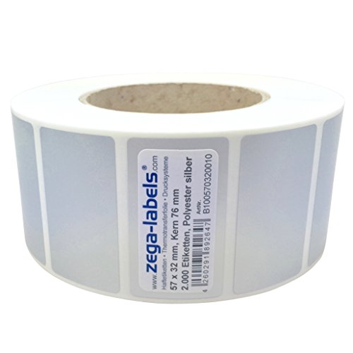 Polyester Thermotransfer Etiketten auf Rolle - 57 x 32 mm - aus PET Polyesterfolie silber für Typenschilder - 2.000 Stück je Rolle - Kern: 76 mm - aussen gewickelt - stark haftend - Druckverfahren: Thermotransfer (Drucken mit Farbband) von zega-labels