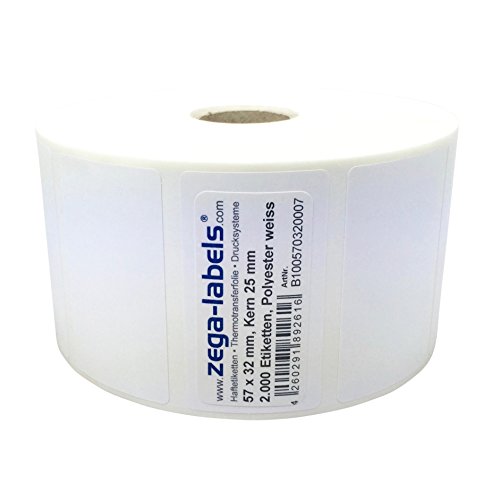 Polyester Thermotransfer Etiketten auf Rolle - 57 x 32 mm - aus PET Polyesterfolie weiss für Typenschilder - 2.000 Stück je Rolle - Kern: 25 mm - aussen gewickelt - stark haftend - Druckverfahren: Thermotransfer (Drucken mit Farbband) von zega-labels