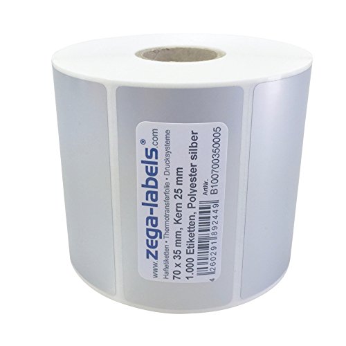 Polyester Thermotransfer Etiketten auf Rolle - 70 x 35 mm - aus PET Polyesterfolie silber für Typenschilder - 1.000 Stück je Rolle - Kern: 25 mm - aussen gewickelt - stark haftend - Druckverfahren: Thermotransfer (Drucken mit Farbband) von zega-labels