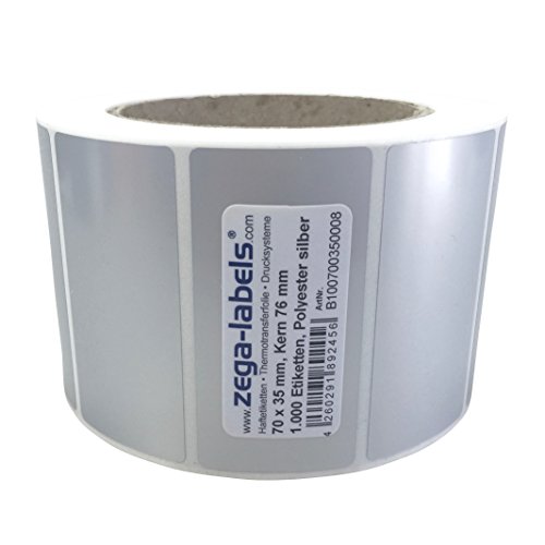 Polyester Thermotransfer Etiketten auf Rolle - 70 x 35 mm - aus PET Polyesterfolie silber für Typenschilder - 1.000 Stück je Rolle - Kern: 76 mm - aussen gewickelt - stark haftend - Druckverfahren: Thermotransfer (Drucken mit Farbband) von zega-labels