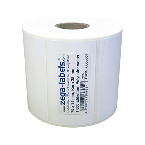 Polyester Thermotransfer Etiketten auf Rolle - 70 x 35 mm - aus PET Polyesterfolie weiss - 1.000 Stück je Rolle - Kern: 25 mm - stark haftend - Druckverfahren: Thermotransfer (Drucken mit Farbband) von zega-labels