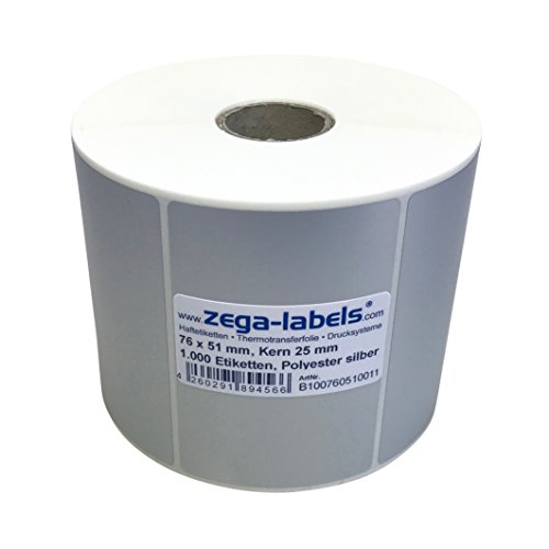 Polyester Thermotransfer Etiketten auf Rolle 76 x 51 mm aus PET Polyesterfolie silber stark haftend für Typenschilder - 1.000 Stück je Rolle - Kern: 25 mm Druckverfahren: Thermotransfer (mit Farbband) von zega-labels