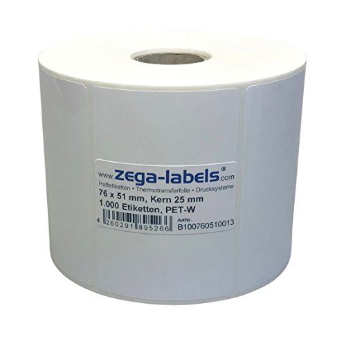 Polyester Thermotransfer Etiketten auf Rolle - 76 x 51 mm - aus PET Polyesterfolie weiss - 1.000 Stück je Rolle - Kern: 25 mm - stark haftend - Druckverfahren: Thermotransfer (Drucken mit Farbband) von zega-labels