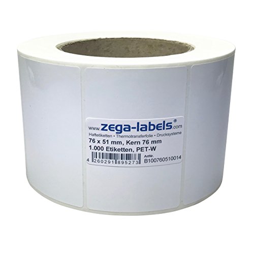 Polyester Thermotransfer Etiketten auf Rolle - 76 x 51 mm - aus PET Polyesterfolie weiss - 1.000 Stück je Rolle - Kern: 76 mm - stark haftend - Druckverfahren: Thermotransfer (Drucken mit Farbband) von zega-labels