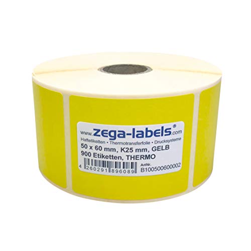 Thermo Etiketten GELB auf Rolle - 50 x 60 mm - 900 Stück je Rolle - Kern: 25 mm - aussen gewickelt - WIEDER ABLÖSBAR - Druckverfahren: Thermodirekt (Drucken ohne Farbband) von zega-labels