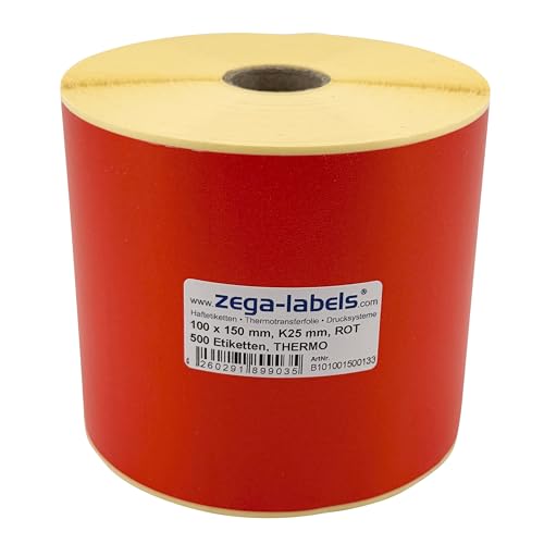 Thermo Etiketten ROT auf Rolle - 100 x 150 mm - 500 Stück je Rolle - Kern: 25 mm - aussen gewickelt - permanent haftend - Druckverfahren: Thermodirekt (Drucken ohne Farbband) von zega-labels