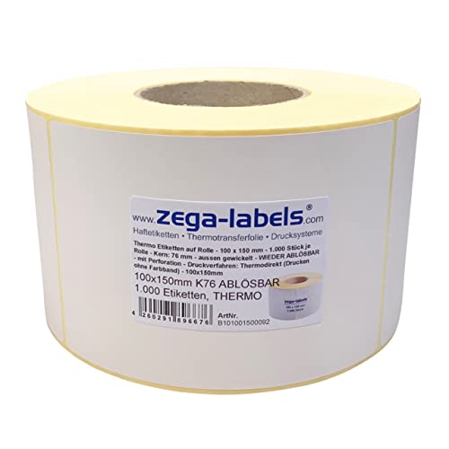 Thermo Etiketten auf Rolle - 100 x 150 mm - 1.000 Stück je Rolle - Kern: 76 mm - aussen gewickelt - WIEDER ABLÖSBAR - Druckverfahren: Thermodirekt (Drucken ohne Farbband) von zega-labels