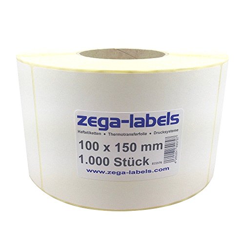 zega-labels Thermo Etiketten - 100 x 150 mm - 1.000 Stück je Rolle - Kern Ø 76 mm - Versandetiketten stark haftend - mit Perforation - Druckverfahren: Thermodirekt (Verwendung ohne Farbband) von zega-labels