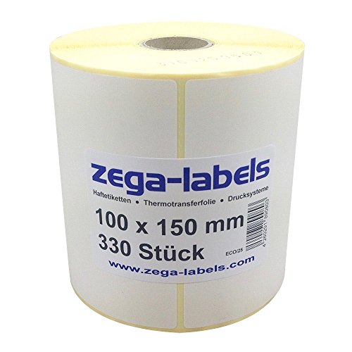 Thermo Etiketten auf Rolle - 100 x 150 mm - 330 Stück je Rolle - Kern: 25 mm - aussen gewickelt - permanent haftend - mit Perforation - Druckverfahren: Thermodirekt (Drucken ohne Farbband) von zega-labels