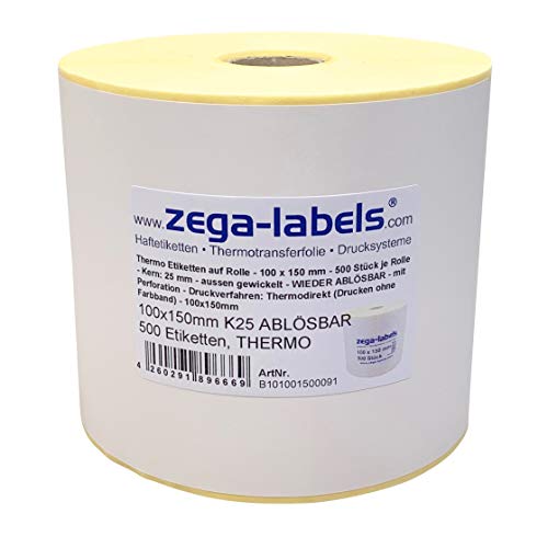 Thermo Etiketten auf Rolle - 100 x 150 mm - 500 Stück je Rolle - Kern: 25 mm - aussen gewickelt - WIEDER ABLÖSBAR - Druckverfahren: Thermodirekt (Drucken ohne Farbband) von zega-labels