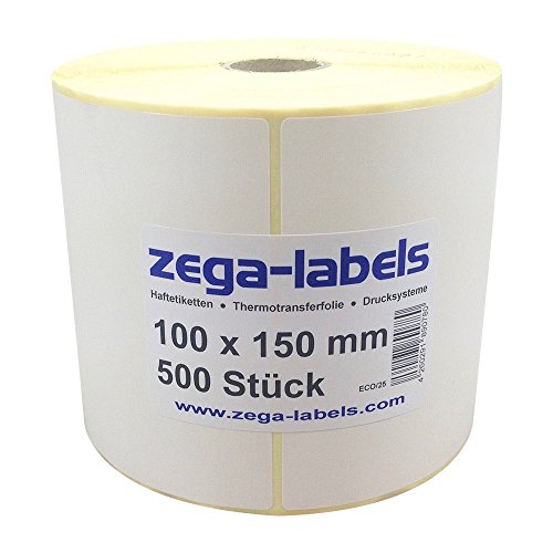 Thermo Etiketten auf Rolle - 100 x 150 mm - 500 Stück je Rolle - Kern: 25 mm - aussen gewickelt - permanent haftend - mit Perforation - Druckverfahren: Thermodirekt (ohne Farbband) von zega-labels