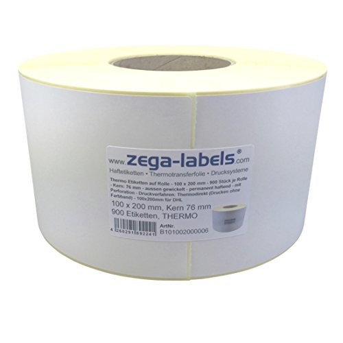 Thermo Etiketten auf Rolle - 100 x 200 mm - 900 Stück je Rolle - Kern: 76 mm - aussen gewickelt - permanent haftend - Druckverfahren: Thermodirekt (Drucken ohne Farbband) von zega-labels