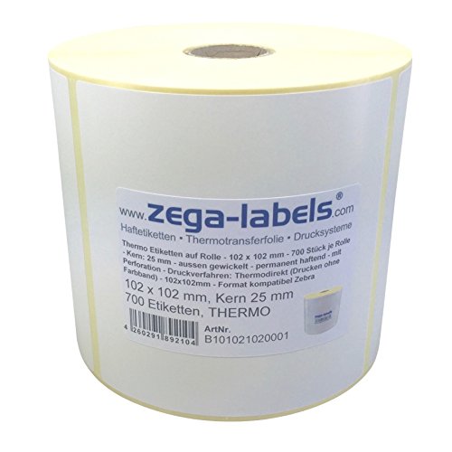 Thermo Etiketten auf Rolle - 102 x 102 mm - 700 Stück je Rolle - Kern: 25 mm - aussen gewickelt - permanent haftend - Druckverfahren: Thermodirekt (Drucken ohne Farbband) von zega-labels