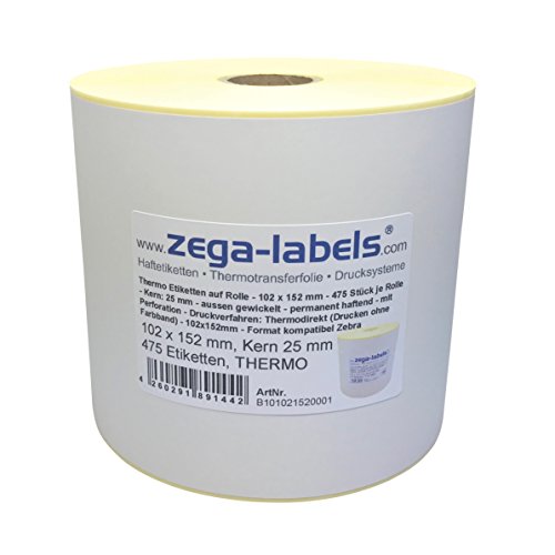 Thermo Etiketten auf Rolle - 102 x 152 mm - 475 Stück je Rolle - Kern: 25 mm - aussen gewickelt - permanent haftend - mit Perforation - Druckverfahren: Thermodirekt (Drucken ohne Farbband) von zega-labels