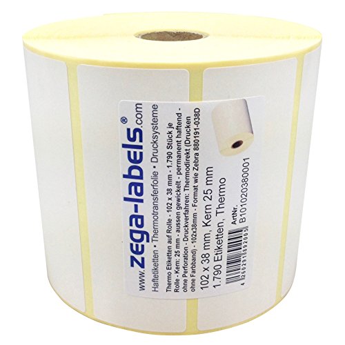 Thermo Etiketten auf Rolle - 102 x 38 mm - 1.790 Stück je Rolle - Kern: 25 mm - aussen gewickelt - permanent haftend - Druckverfahren: Thermodirekt (Drucken ohne Farbband) von zega-labels