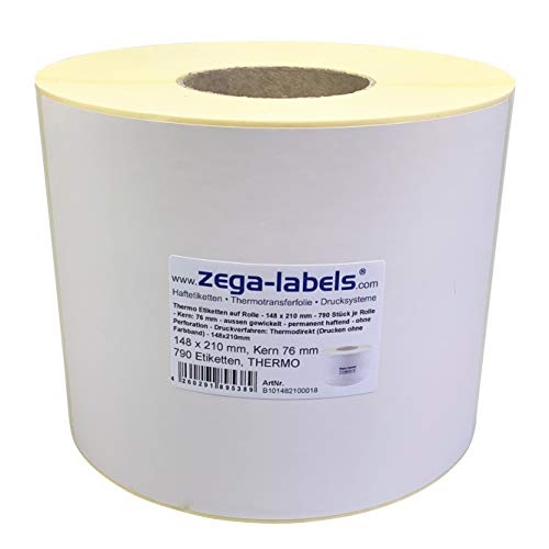 Thermo Etiketten auf Rolle - 148 x 210 mm - 790 Stück je Rolle - Kern: 76 mm - aussen gewickelt - permanent haftend - Druckverfahren: Thermodirekt (Drucken ohne Farbband) von zega-labels