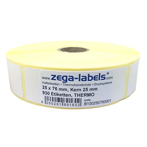 Thermo Etiketten auf Rolle - 25 x 76 mm - 930 Stück je Rolle - Kern: 25 mm - aussen gewickelt - permanent haftend - Druckverfahren: Thermodirekt (Drucken ohne Farbband) von zega-labels
