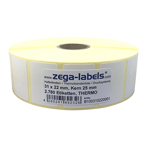 Thermo Etiketten auf Rolle - 31 x 22 mm - 2.780 Stück je Rolle - Kern: 25 mm - aussen gewickelt - permanent haftend - Druckverfahren: Thermodirekt (Drucken ohne Farbband) von zega-labels
