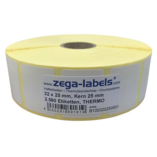Thermo Etiketten auf Rolle - 32 x 25 mm - 2.580 Stück je Rolle - Kern: 25 mm - aussen gewickelt - permanent haftend - Druckverfahren: Thermodirekt (Drucken ohne Farbband) von zega-labels