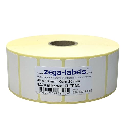 Thermo Etiketten auf Rolle - 38 x 19 mm - 3.370 Stück je Rolle - Kern: 25 mm - aussen gewickelt - permanent haftend - Druckverfahren: Thermodirekt (Drucken ohne Farbband) von zega-labels