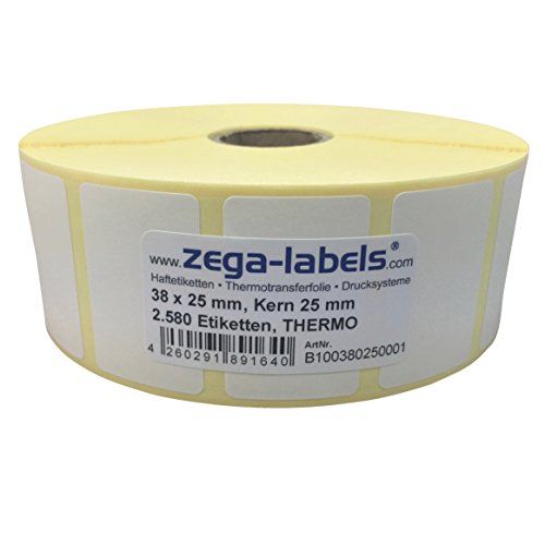 Thermo Etiketten auf Rolle - 38 x 25 mm - 2.580 Stück je Rolle - Kern: 25 mm - aussen gewickelt - permanent haftend - Druckverfahren: Thermodirekt (Drucken ohne Farbband) von zega-labels