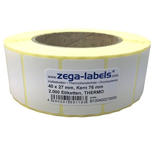 Thermo Etiketten auf Rolle - 40 x 27 mm - 2.000 Stück je Rolle - Kern: 76 mm - aussen gewickelt - permanent haftend - Druckverfahren: Thermodirekt (ohne Farbband) von zega-labels