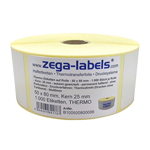 Thermo Etiketten auf Rolle - 50 x 80 mm - 1.000 Stück je Rolle - Kern: 25 mm - aussen gewickelt - permanent haftend - Druckverfahren: Thermodirekt (Drucken ohne Farbband) von zega-labels
