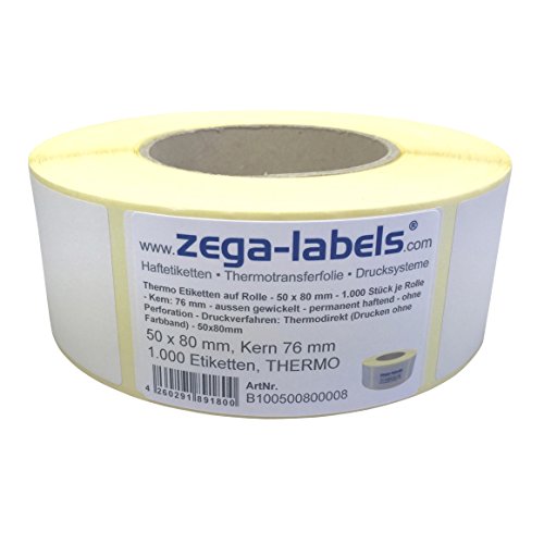 Thermo Etiketten auf Rolle - 50 x 80 mm - 1.000 Stück je Rolle - Kern: 76 mm - aussen gewickelt - permanent haftend - Druckverfahren: Thermodirekt (Drucken ohne Farbband) von zega-labels