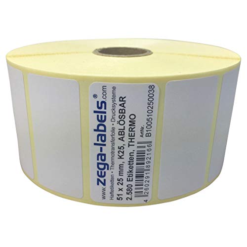 Thermo Etiketten auf Rolle - 51 x 25 mm - 2.580 Stück je Rolle - Kern: 25 mm - aussen gewickelt - WIEDER ABLÖSBAR - Druckverfahren: Thermodirekt (Drucken ohne Farbband) von zega-labels