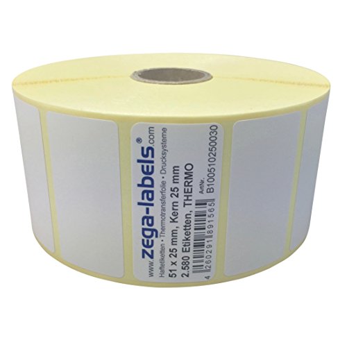 Thermo Etiketten auf Rolle - 51 x 25 mm - 2.580 Stück je Rolle - Kern: 25 mm - aussen gewickelt - permanent haftend - Druckverfahren: Thermodirekt (Drucken ohne Farbband) von zega-labels