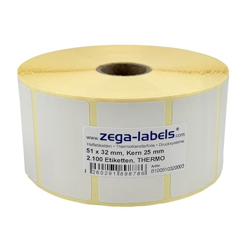 Thermo Etiketten auf Rolle - 51 x 32 mm - 2.100 Stück je Rolle - Kern: 25 mm - aussen gewickelt - permanent haftend - Druckverfahren: Thermodirekt (Drucken ohne Farbband) von zega-labels