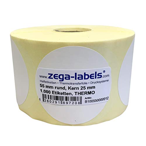 Thermo Etiketten auf Rolle - 55 mm rund - 1.000 Stück je Rolle - Kern: 25 mm - aussen gewickelt - permanent haftend - Druckverfahren: Thermodirekt (Drucken ohne Farbband) von zega-labels