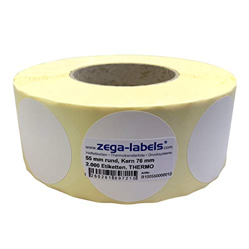 Thermo Etiketten auf Rolle - 55 mm rund - 2.000 Stück je Rolle - Kern: 76 mm - aussen gewickelt - permanent haftend - Druckverfahren: Thermodirekt (Drucken ohne Farbband) von zega-labels