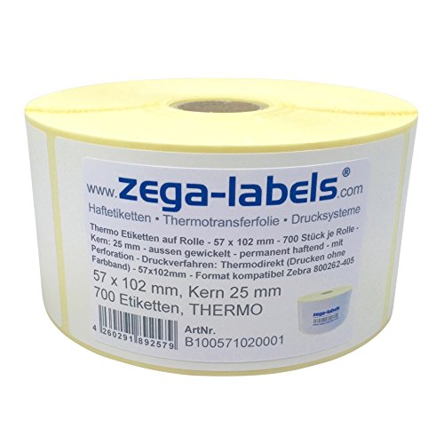 Thermo Etiketten auf Rolle - 57 x 102 mm - 700 Stück je Rolle - Kern: 25 mm - aussen gewickelt - permanent haftend - Druckverfahren: Thermodirekt (Drucken ohne Farbband) von zega-labels