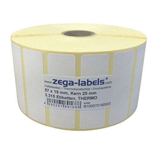 Thermo Etiketten auf Rolle - 57 x 19 mm - 3.315 Stück je Rolle - Kern: 25 mm - aussen gewickelt - permanent haftend - Druckverfahren: Thermodirekt (Drucken ohne Farbband) von zega-labels
