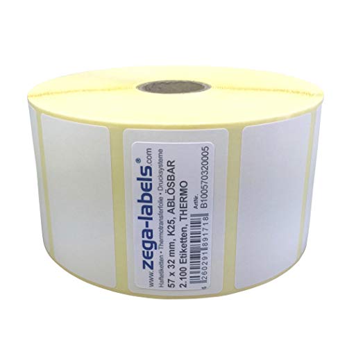 zega-labels Thermo Etiketten auf Rolle - 57 x 32 mm - 2.100 Stück je Rolle - Kern: 25 mm - wieder ablösbar - Thermodirekt (Drucken ohne Farbband) von zega-labels