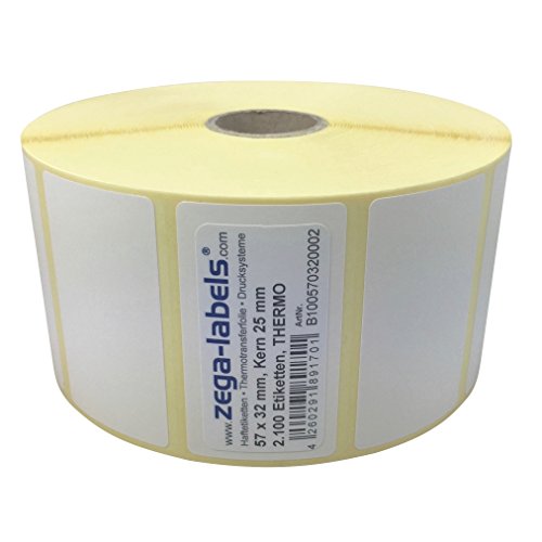 Thermo Etiketten auf Rolle - 57 x 32 mm - 2.100 Stück je Rolle - Kern: 25 mm - aussen gewickelt - permanent haftend - Druckverfahren: Thermodirekt (Drucken ohne Farbband) von zega-labels