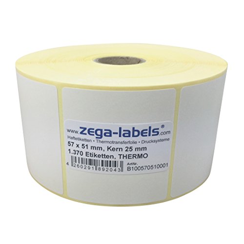 Thermo Etiketten auf Rolle - 57 x 51 mm - 1.370 Stück je Rolle - Kern: 25 mm - aussen gewickelt - permanent haftend - Druckverfahren: Thermodirekt (Drucken ohne Farbband) von zega-labels