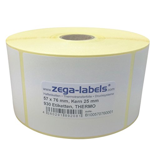 Thermo Etiketten auf Rolle - 57 x 76 mm - 930 Stück je Rolle - Kern: 25 mm - aussen gewickelt - permanent haftend - Druckverfahren: Thermodirekt (Drucken ohne Farbband) von zega-labels