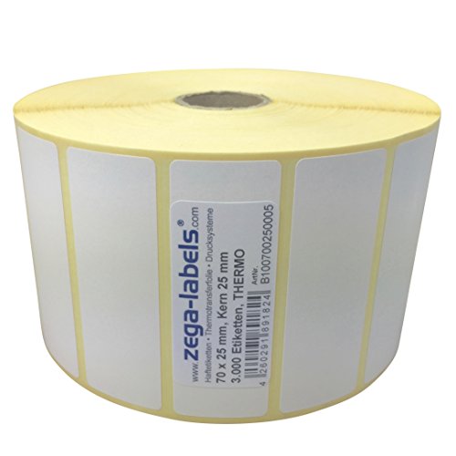 Thermo Etiketten auf Rolle - 70 x 25 mm - 3.000 Stück je Rolle - Kern: 25 mm - aussen gewickelt - permanent haftend - Druckverfahren: Thermodirekt (Drucken ohne Farbband) von zega-labels