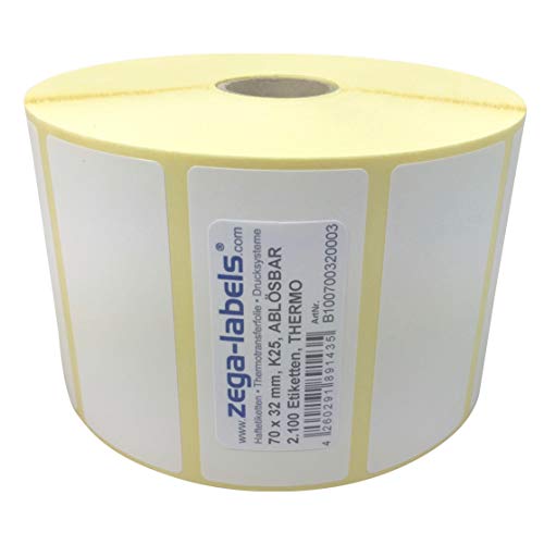Thermo Etiketten auf Rolle - 70 x 32 mm - 2.100 Stück je Rolle - Kern: 25 mm - aussen gewickelt - WIEDER ABLÖSBAR - Druckverfahren: Thermodirekt (Drucken ohne Farbband) von zega-labels