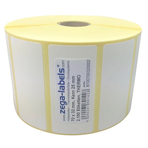 Thermo Etiketten auf Rolle - 70 x 32 mm - 2.100 Stück je Rolle - Kern: 25 mm - aussen gewickelt - permanent haftend - Druckverfahren: Thermodirekt (Drucken ohne Farbband) von zega-labels