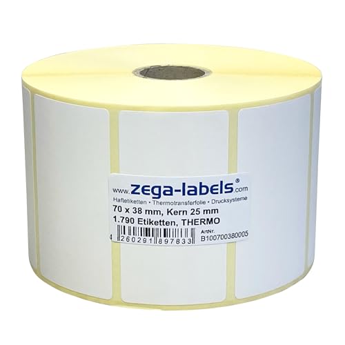 Thermo Etiketten auf Rolle - 70 x 38 mm - 1.790 Stück je Rolle - Kern: 25 mm - aussen gewickelt - permanent haftend - Druckverfahren: Thermodirekt (Drucken ohne Farbband) von zega-labels