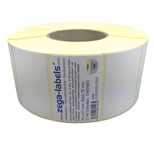 Thermo Etiketten auf Rolle - 76 x 51 mm - 2.740 Stück je Rolle - Kern: 76 mm - aussen gewickelt - permanent haftend - Druckverfahren: Thermodirekt (Drucken ohne Farbband) von zega-labels