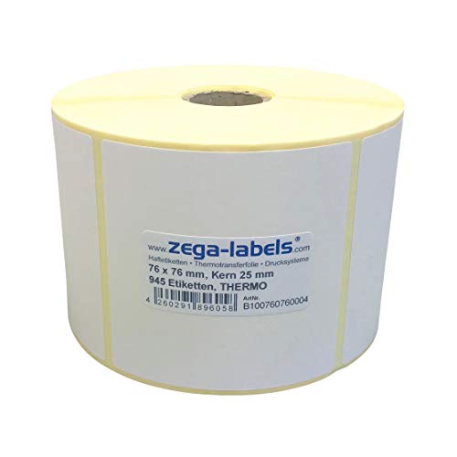 Thermo Etiketten auf Rolle - 76 x 76 mm - 945 Stück je Rolle - Kern: 25 mm - aussen gewickelt - permanent haftend - Druckverfahren: Thermodirekt (Drucken ohne Farbband) von zega-labels