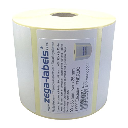 Thermo Etiketten auf Rolle - 90 x 55 mm - 1.000 Stück je Rolle - Kern: 25 mm - aussen gewickelt - permanent haftend - Druckverfahren: Thermodirekt (Drucken ohne Farbband) von zega-labels